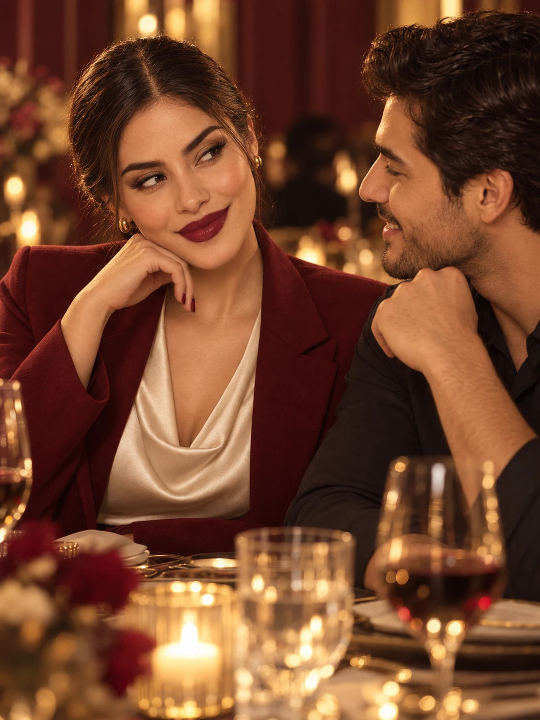 mujer elegante en una cena, su pareja la mira encantado